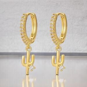 NEW 18K yellow gold plated zircon boho cactus hoop drop earrings jewelry B19A